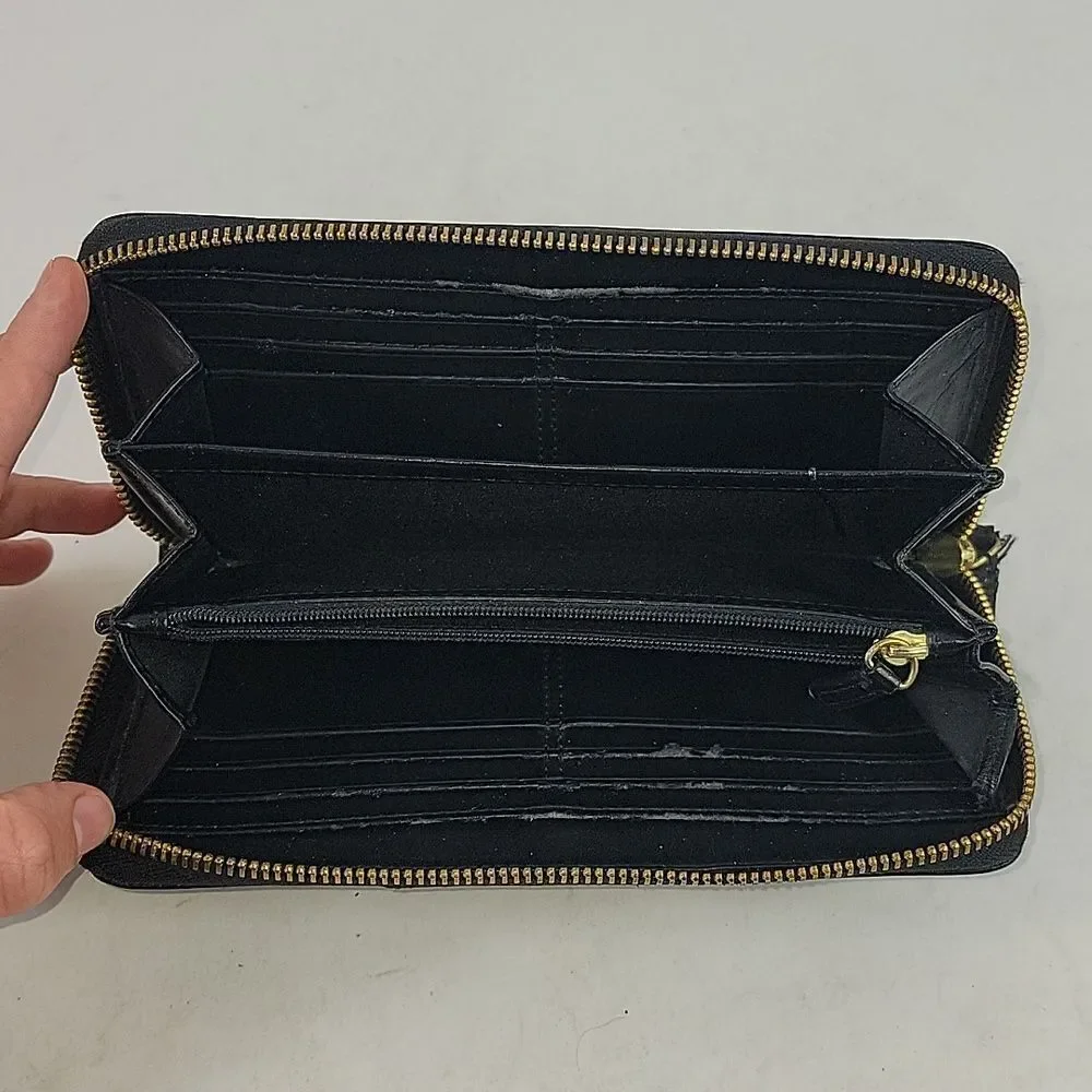 Coach Ashley Leather Wallet Accordion 3 Side Zip Black Wristlet